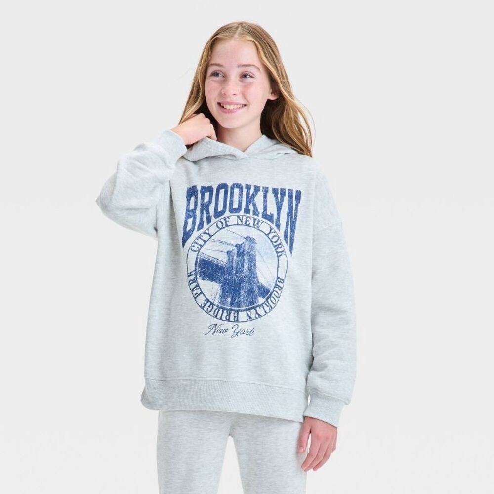 Girls' Fleece Hoodie - art class Oversized Pullover with Kangaroo Pocket: Grey - Picture 2 of 4